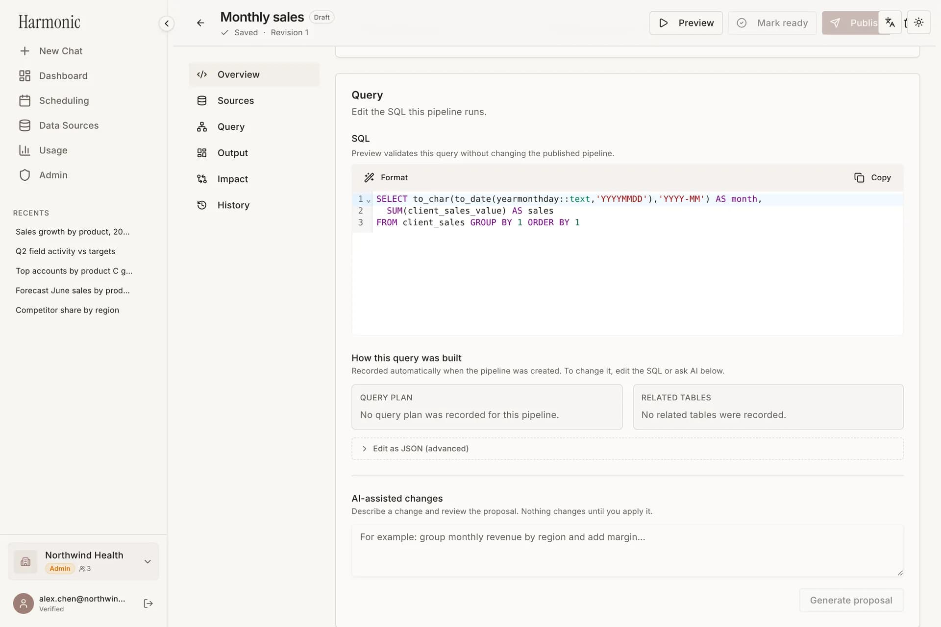 Pipeline editor showing the SQL query of a published pipeline